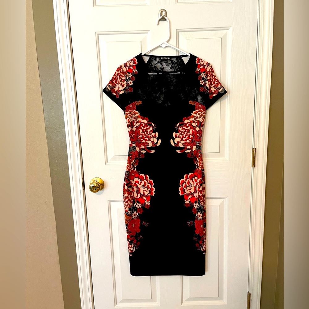 Black Midi Dress with Floral and Lace Detail